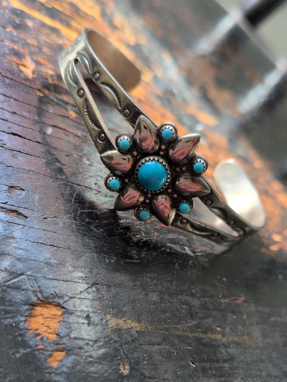 VINTAGE Bell Trading Fred Harvey Era Nickel Silver Faux Turquoise Cuff Bracelet